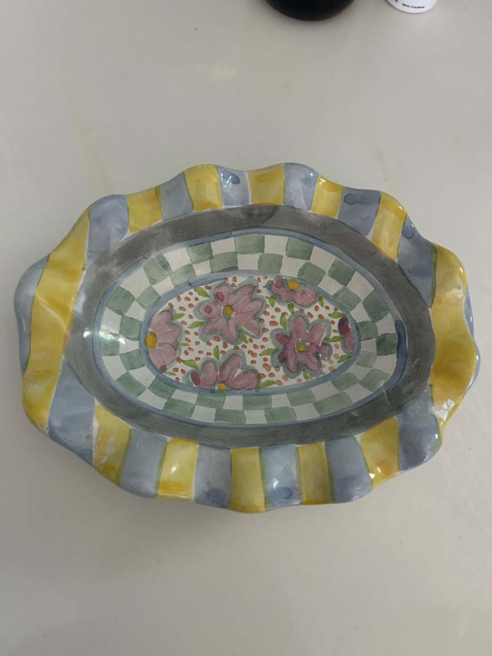 MacKenzie-Childs vintage retired Myrtle pattern- yellow & blue soap dish fluted